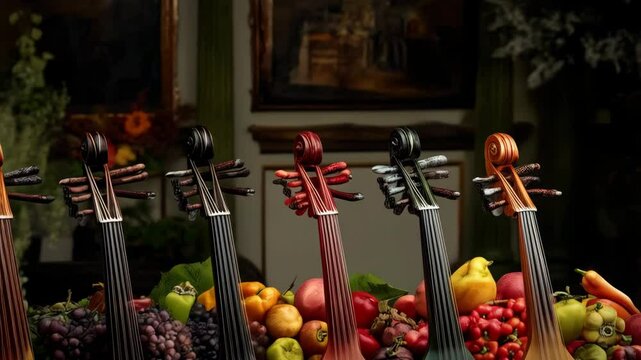 Arrangement of colorful lutes with produce creates a still life, showcasing musical instruments and seasonal foods, with a classic artistic style.
