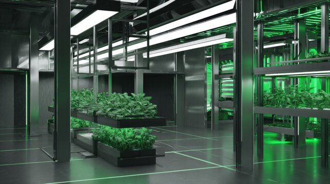 High-tech indoor agricultural facility with sleek metallic aesthetic, dark gray and black tones, and bright white fluorescent ceiling lights. Multiple levels of plant-growing platforms filled with lus