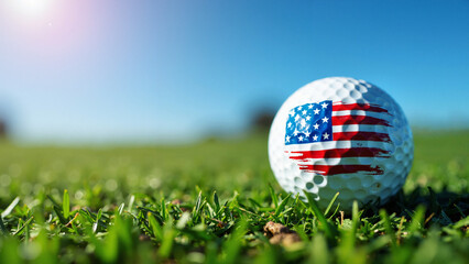 A pristine white golf ball with an American flag motif on a lush green lawn, perfect for 4th of July promotions and golf advertisements.