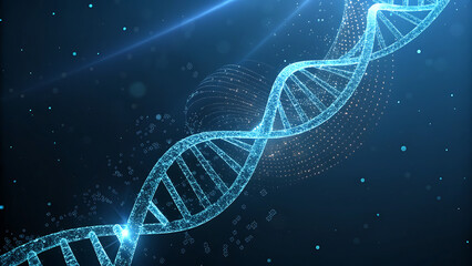 Abstract Digital DNA Strand with Glowing Blue Binary Code