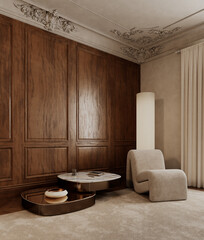 Classic beige interior with armchair, wood pannels, floor lamp, carpet, coffee table and decor. 3d render illustration mockup.