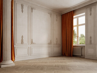Classic beige empty interior with column, orange curtains, moldings and parquet wood floor. 3d render illustration mockup.