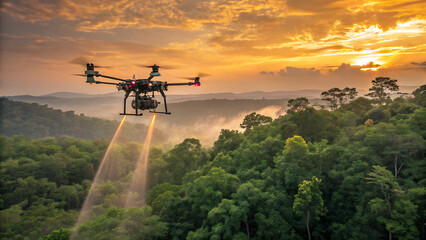 High-Tech Drone Scanning Forest with Infrared Sensors at Sunset