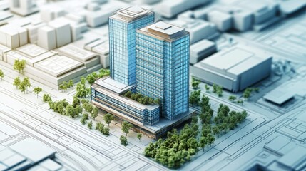 3D plan of a business building green colors on the background with architectural drawings