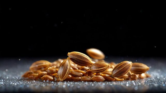 Cumin Seeds Falling Above A Mound Of Spices With A Dark Background And Sparkling Particles