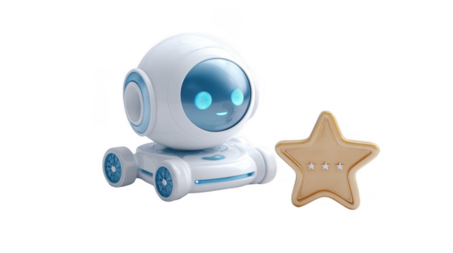 White and blue robot vacuum cleaner with glowing eyes next to a golden star with three smaller stars on it, representing a five star rating, on a transparent background