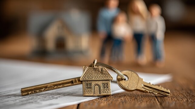 Golden house key with miniature home keychain on document and blurred family in background ideal for family homeownership, real estate success and happy property purchase visuals