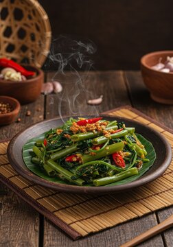 A vibrant, steaming plate of Indonesian stir-fried water spinach (sayur kangkung) with garlic, chili, and shrimp paste, served on a rustic wooden table with a woven bamboo placemat and traditional cla