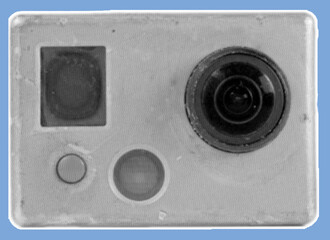 close up of rusty action camera pixelate color halftone dotted texture style collage element isolated on blue background