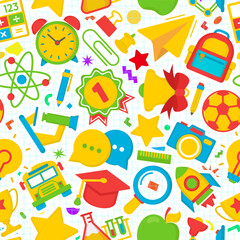 Education and school pattern with cartoon icons school supplies on checkered background. Vector Illustration