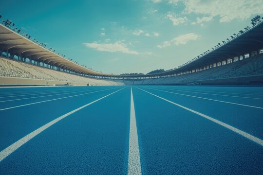 Empty stadium running track, bright day