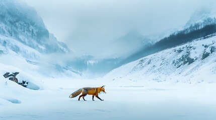 A fox walking alone in a snowy valley
