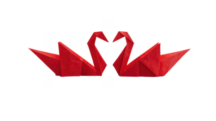 Two red origami swans are facing each other, creating a heart shape with their necks, on a transparent background, perfect for valentine's day or wedding projects