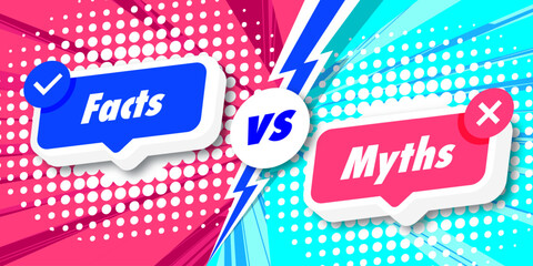 Facts vs myths card 3d style on bright halftone background. Fact checking or easy compare evidence. Concept illustration Vector 10 eps