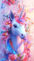 Colorful unicorn illustration adorned with vibrant flowers and sparkling elements, showcasing a whimsical fantasy theme in a dreamy pastel background