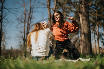 Fototapeta premium Two young women share a cheerful moment in a lush green park under clear blue skies, conveying joy and friendship.