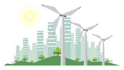 Clean electric energy concept. Renewable electricity resource from wind turbines. Ecological change of the future. City skyline and nature landscape on background