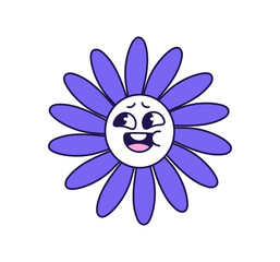 Shy flower with confused facial expressions in retro style. Groovy wildflower with smile face doubts. Funky blooming meadow plant with comic emotions. Flat isolated vector illustration on white
