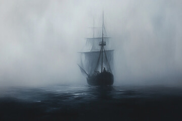 oil painting-style image in black and gray tones. The scene depicts a misty, fog-covered ocean under a moody sky. In the hazy distance, a ghostly pirate ship with tattered sails emerges from the fog