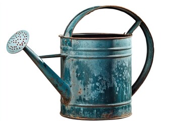 Rusty teal watering can, round body, curved handle,  perforated nozzle