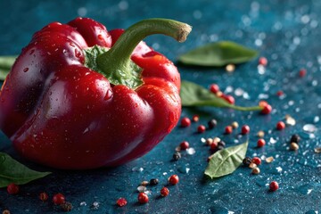 Red Bell Pepper Still Life with Spices on Blue
