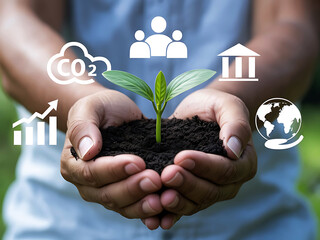 Hands holding sapling with growth and environmental icons