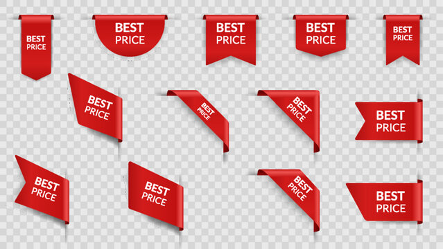 Corners and ribbons icon set. Product red banner, price shopping tags. Promotion sale badges, special offer stickers. Discount and price offer concept. Vector sticker templates