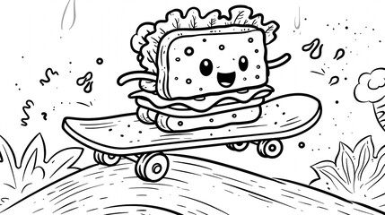 A silly sandwich skateboarding down a hill with lettuce flying. Black and white line art, simple and bold outlines, for a kids coloring book, isolated on white background.