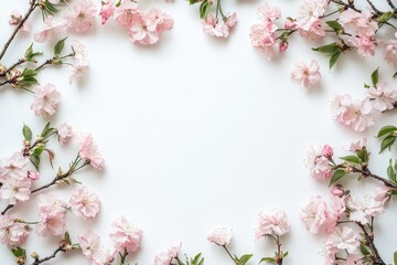 Obraz premium Delicate pink blossoms arranged in a circular frame against a white background. Small flowers, light green leaves, and slender branches create a floral border