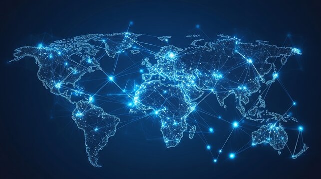 Futuristic World Map Network: Global Connection and Technology Visualization