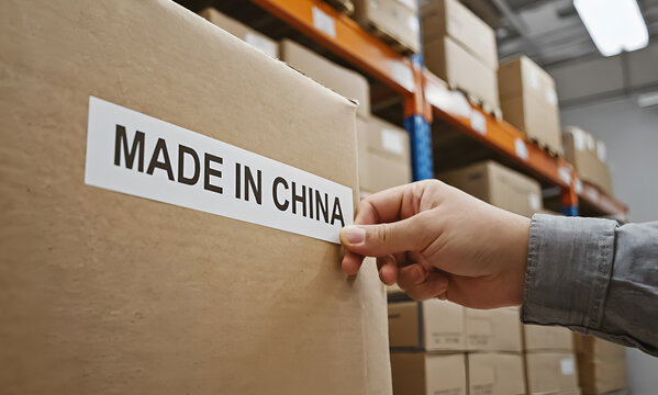 Top shot of a hand placing a Made in China label sticker on a cardboard shipping box.tariffs with trad war