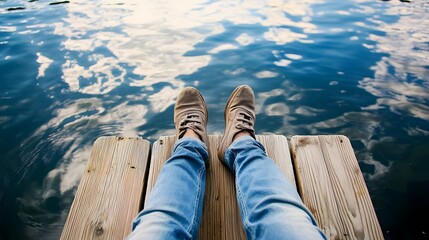 A person sitting alone on a dock, legs in water