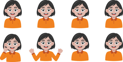 Vector cartoon girl with multiple facial expressions, cute female character in orange shirt, emotional avatar set for design use