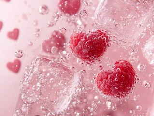 Refreshing Sparkling Drink with Heart Shaped Raspberries and Ice Cubes for Romantic and Celebration Concepts