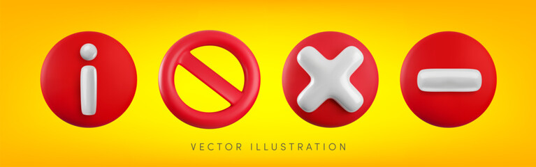 Vector Cartoon 3d Red prohibition information sign set. Realistic 3d render of shiny round block icon with diagonal strip, cross, info and road stop sign. Ban entry mark, forbidden symbol collection.