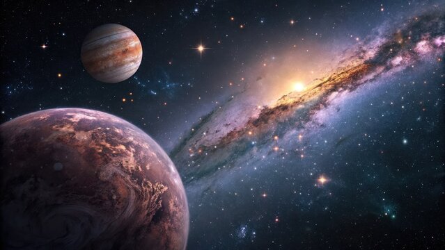 Exploring celestial wonders jupiter and spiral galaxy deep space digital artwork cosmic environment wide view astrophysical concepts - Powered by Adobe