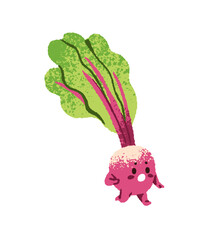 Cute radish character is late and rushing to get on time. Red beetroot with green leaves runs. Root vegetable with shocked face hurries up. Flat isolated vector illustration on white background