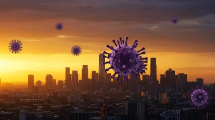 Cityscape at sunset with virus particles graphic - Powered by Adobe