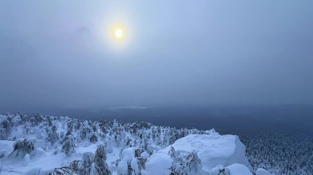 View of the white rocks and the winter forest on Mount Polyud. Lappish spruces on Mount Polyud in the Perm region in winter. In winter, there is a lot of snow and frost on the trees in the Urals. 4К