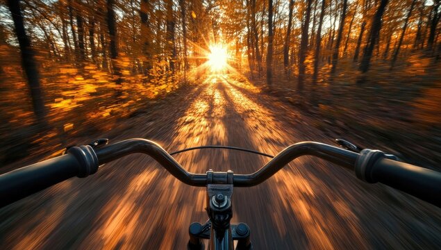 Autumn forest path, bike ride