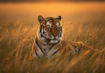 Naklejka premium Majestic tiger resting in sunlit grassland for international tiger day celebration