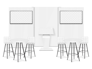 Trade show booth display kit mock-up. Expo tradeshow set template. Backdrop banner stand, LCD monitor TV video panels, touch screen interactive kiosk, white exhibition tables, chairs. 3d vector mockup