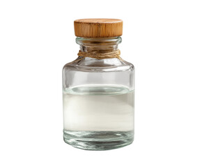 Clear glass bottle with wooden cork and liquid inside, cut out transparent