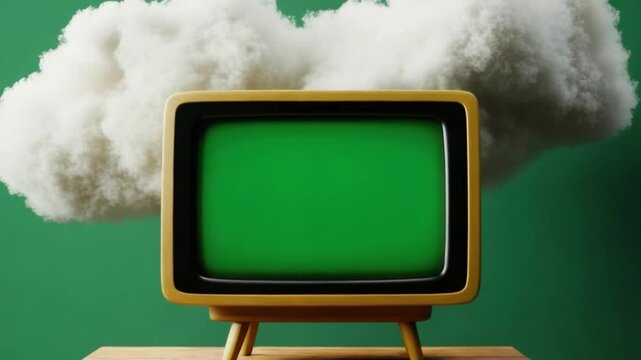 Vintage TV Amidst Clouds: A charming vintage television set, with a vivid green screen, is placed against a backdrop of fluffy clouds, adding a playful and nostalgic touch.