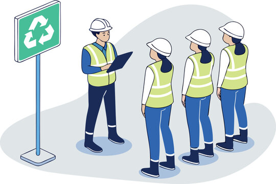 At the emergency assembly point, a construction team conducts safety planning and coordination briefing to reinforce efficient on-site teamwork practices.