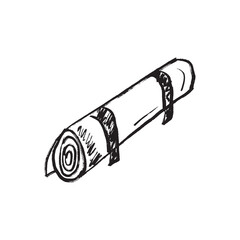 A rolled sleeping mat with straps. Comfort sleeping outdoors or exercising, camping item in black brush stroke texture isolated on white. Hand drawn vector sketch illustration in vintage charcoal ink.
