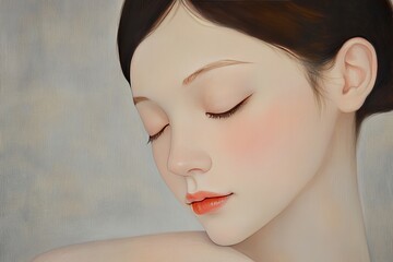 A young, light-skinned woman, serene expression and closed eyes. Her gaze is directed slightly downward 