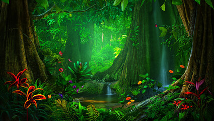 Fototapeta premium Enchanting tropical rainforest scene featuring lush green foliage waterfall and colorful exotic flowers