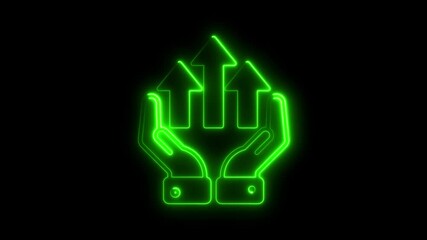 Glowing green hands supporting arrows symbolizing growth and development