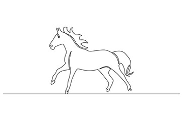 Fototapeta premium Continuous one line drawing of Horse on nature. Single line drawing illustration of Horse in a field during daylight. Summer day concept vector art. Doodle line illustration.
